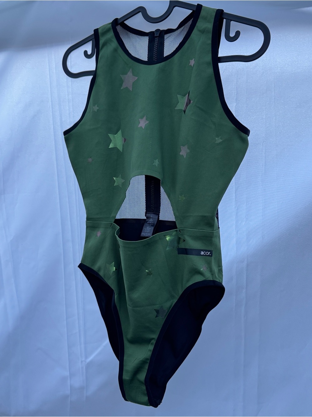 Ultracor Green Star Cutout One-Piece Bodysuit with Black Mesh Zip Up and Trim Sm